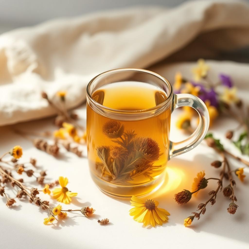 Clear glass mug of golden mullein herbal tea with dried mullein leaves and flowers