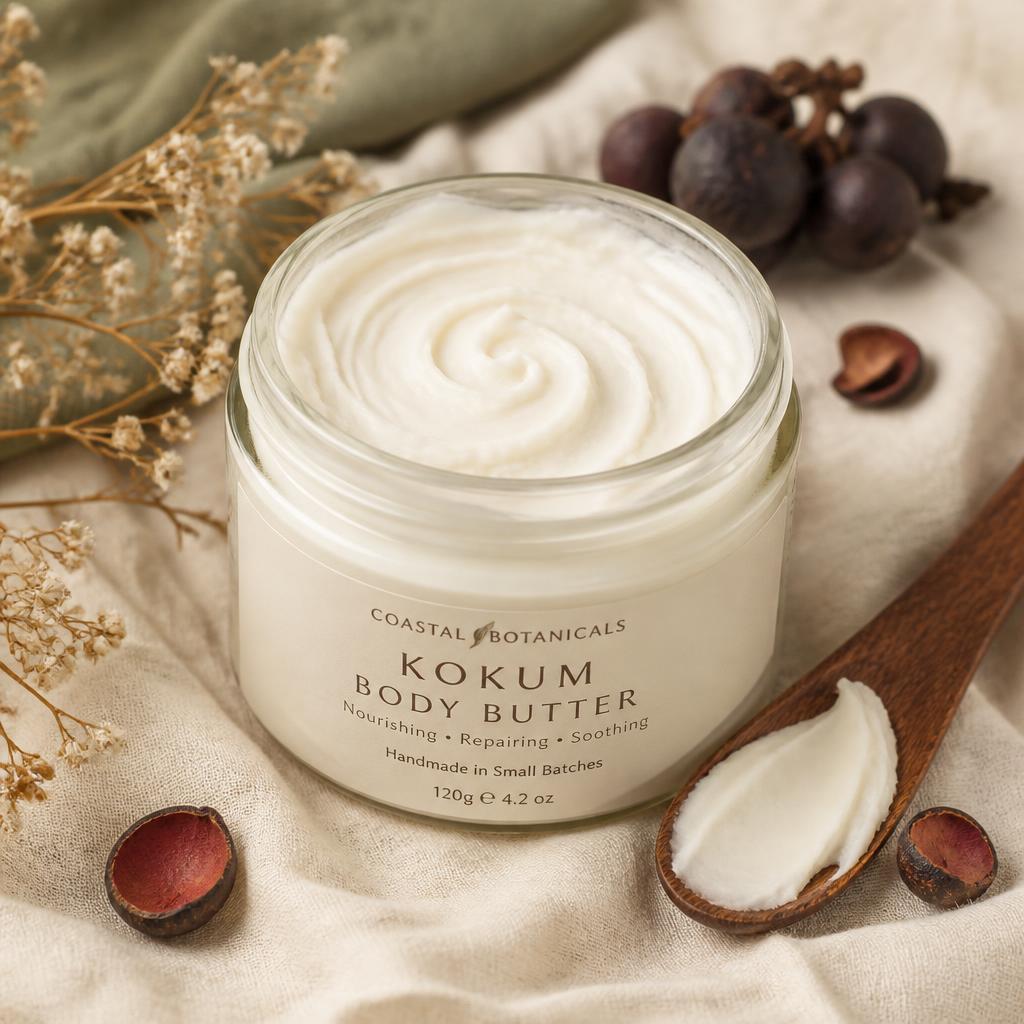 Open jar of whipped kokum body butter with dried botanicals and a wooden spoon