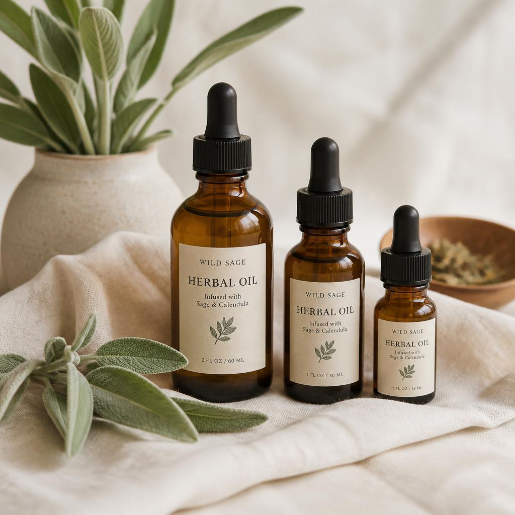 Three sizes of amber dropper bottles filled with natural herbal oil